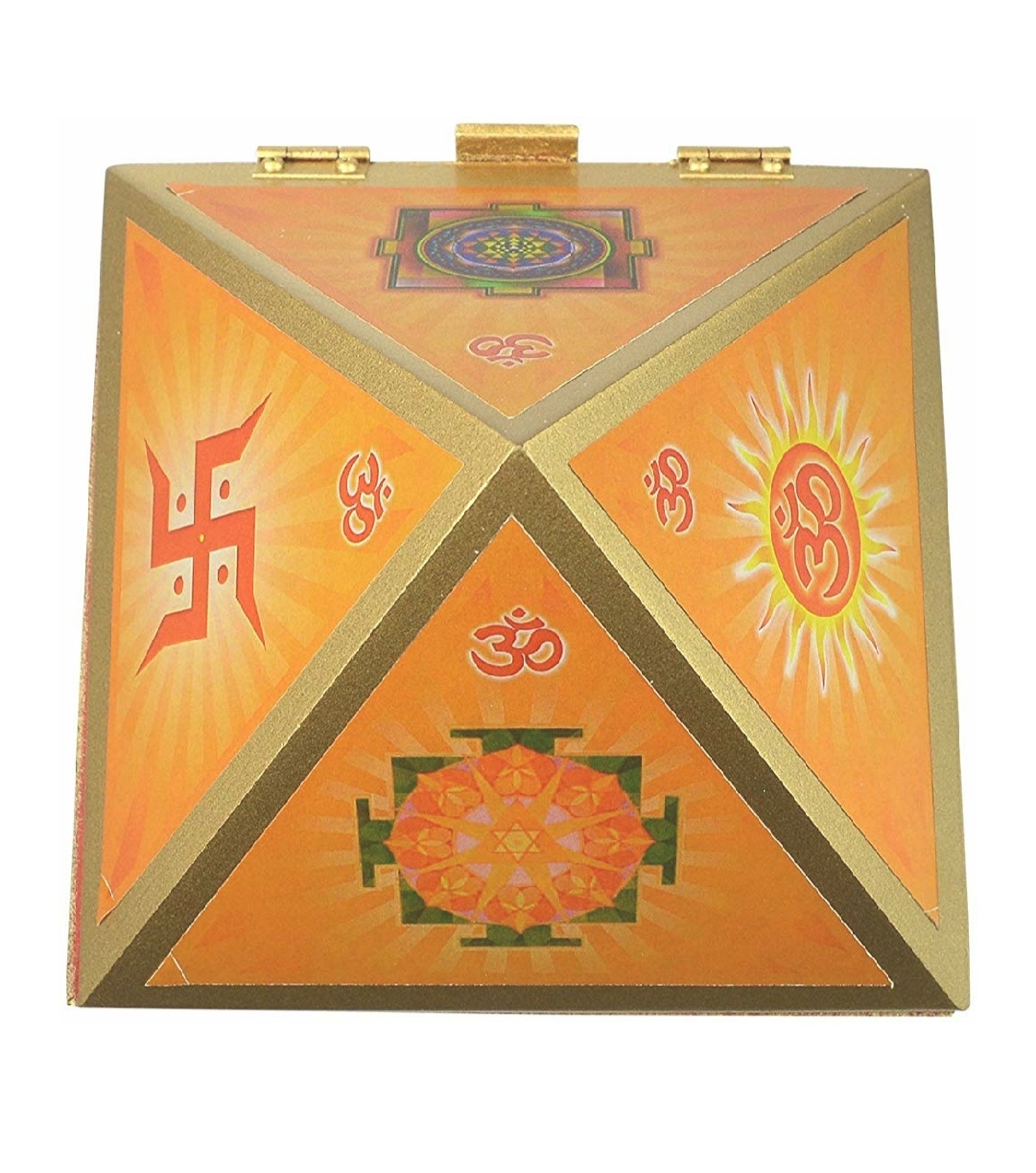 Vastu Wooden Pyramid Wish Cash Box, Reiki Box with Yantra Stickers (Size: 4-Inches, Fengshui Remedies for Home, Office & Temple) & Get Free One Saubhagya Laxmi Ganesh Sampurn MahaYantra In Brass - Image 2